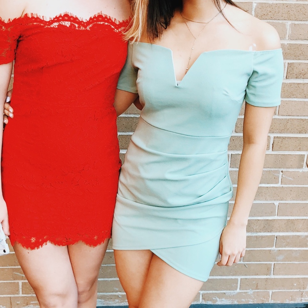 Mint colored rouche bodycon dress